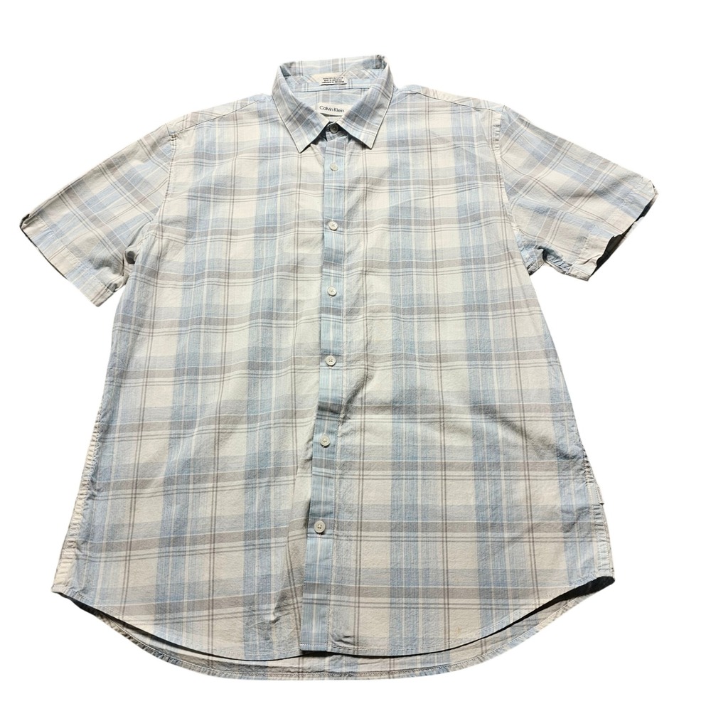 Calvin‎ Klein Mens Large Short Sleeve Plaid Button Down Shirt Blue Grey Cotton